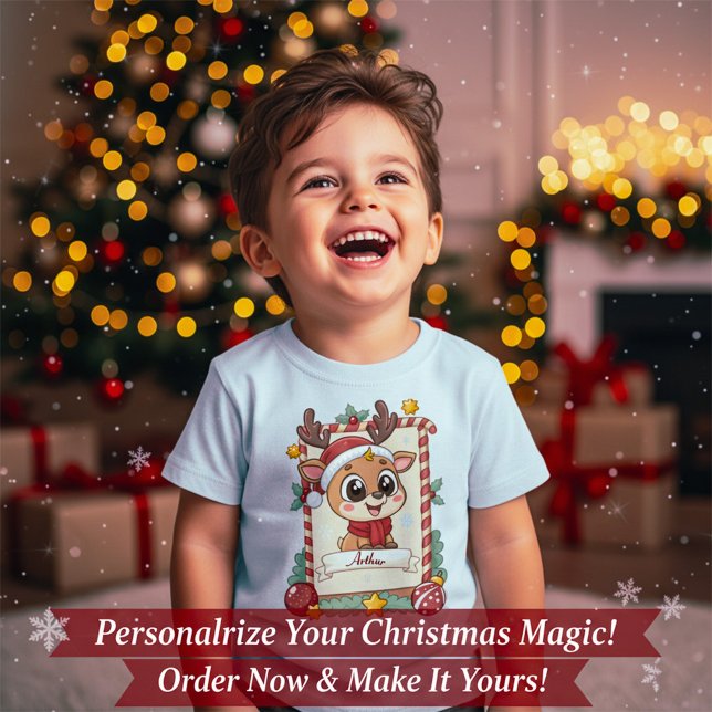 Camiseta Infantil de Natal Rena Fofa Personalizada (Personalized Cute Reindeer Christmas Toddler T-Shirt)