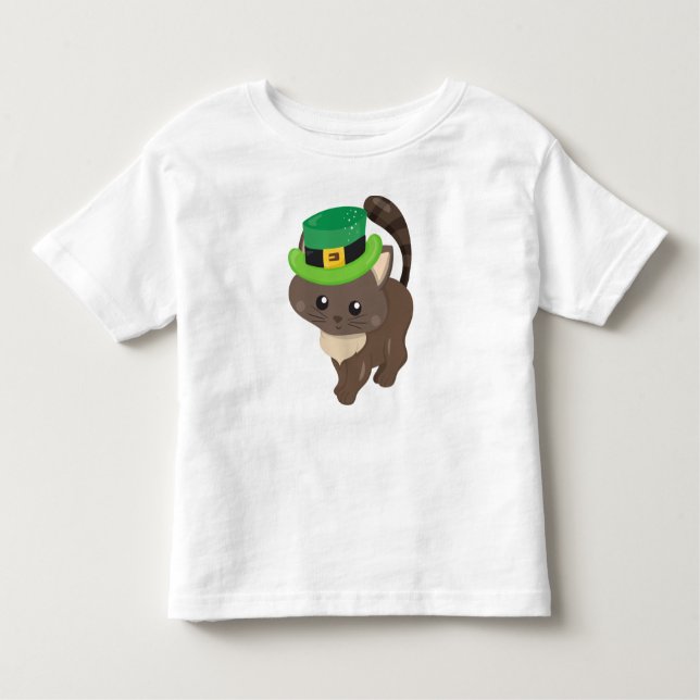 Camiseta Infantil Dia de São Patrício, Gato Marrom, Chapéu Leprechau (Frente)