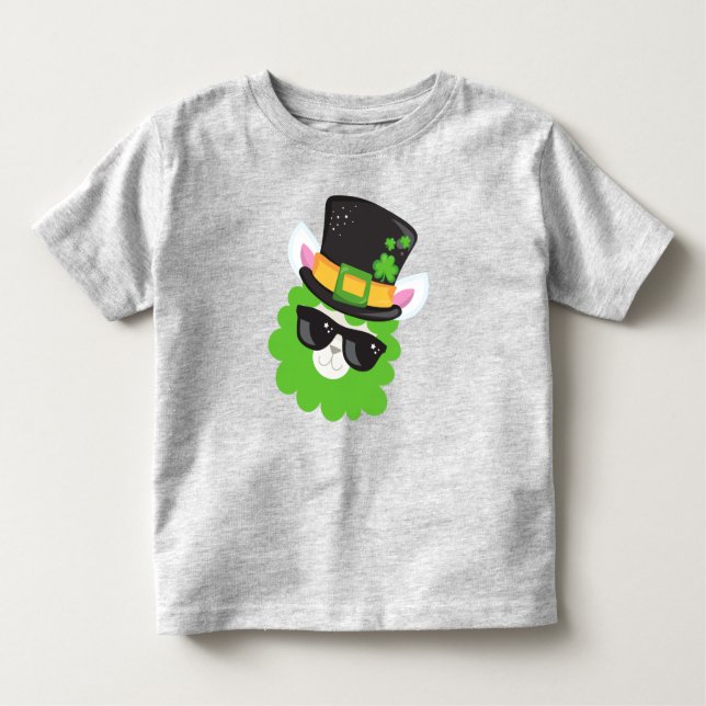 Camiseta Infantil Dia de São Patrício, Llama, Alpaca, Chapéu Leprech (Frente)