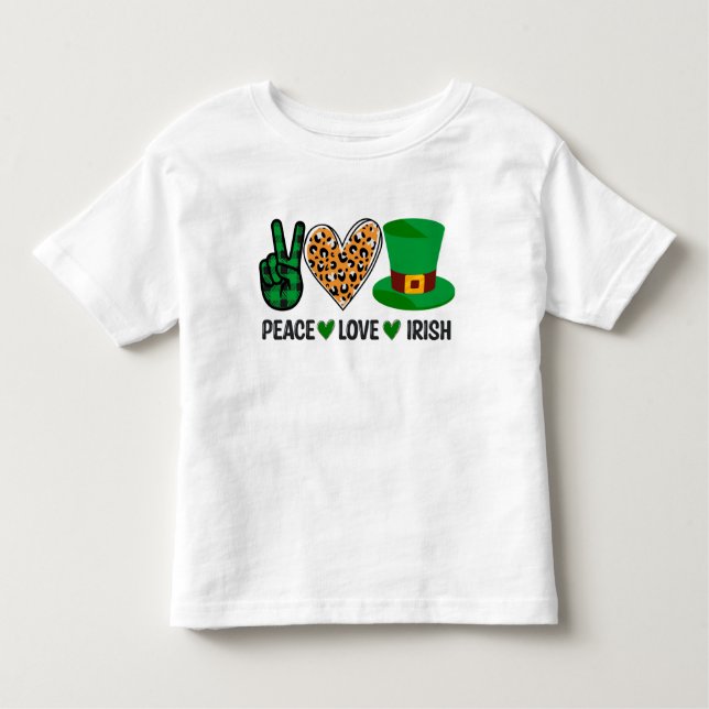 Camiseta Infantil Dia de São Patrício Peace Love Irish (Frente)