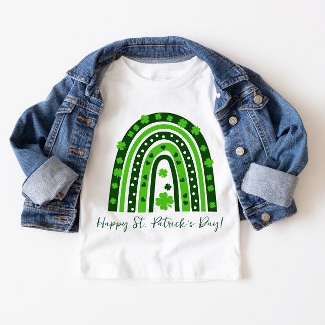 Camiseta Infantil Dia de São Patrício Verde Trevo Arco-íris (Criador carregado)