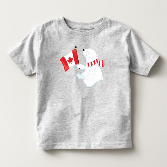 Camiseta Infantil Dia do Canadá, Urso Polar, Urso com Bandeira, Feri (Frente)