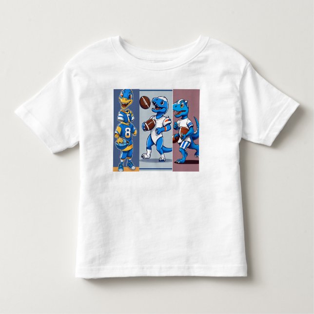 Camiseta Infantil Dino Kickoff: Teto de Futebol Branco e Azul (Frente)