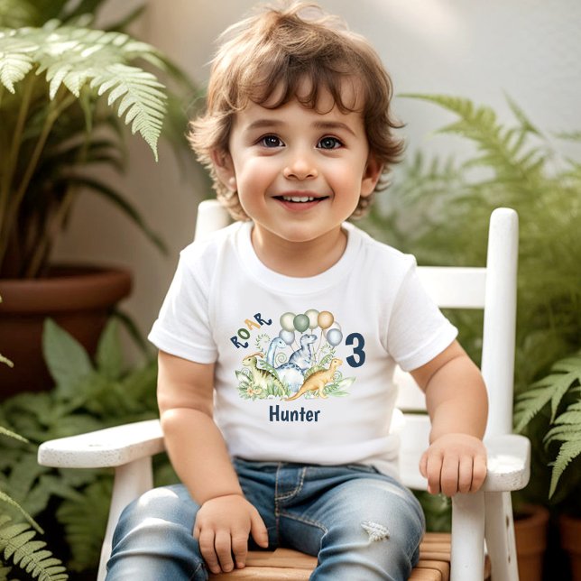 Camiseta Infantil Dinossaur Boy Blue Green Name aniversário de 3 ano (Dinosaur Boy Blue Green Name 3rd Birthday Toddler T-shirt)