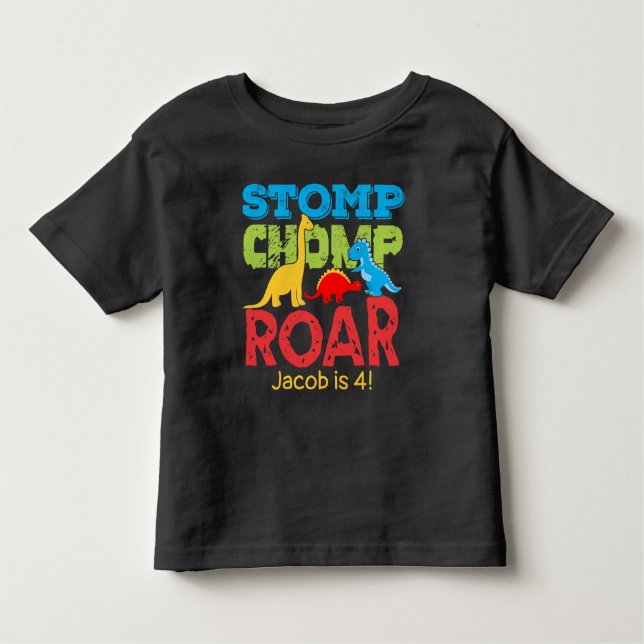 Camiseta Infantil Dinossauro Chomp Roar Birthday Boy (Frente)