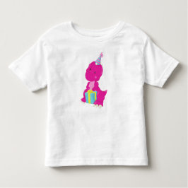 Camiseta Infantil Dinossauro de Aniversário, Dinossauro Rosa, Chapéu