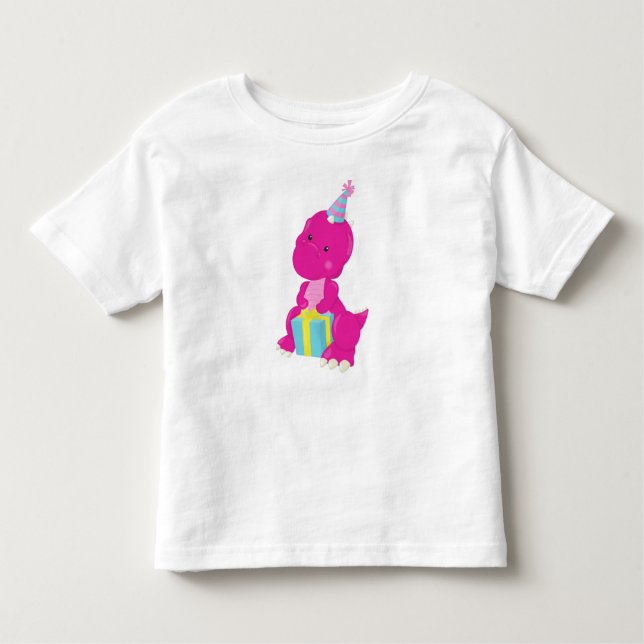 Camiseta Infantil Dinossauro de Aniversário, Dinossauro Rosa, Chapéu (Frente)