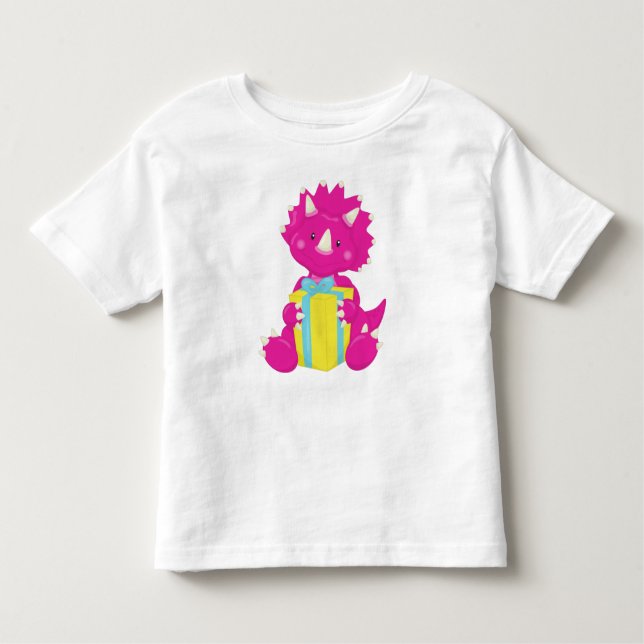 Camiseta Infantil Dinossauro de Aniversário, Dinossauro Rosa, Dinoss (Frente)