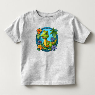 Camiseta Infantil Dinossauro de Desenho Animado Fofo Entre Flores Tr