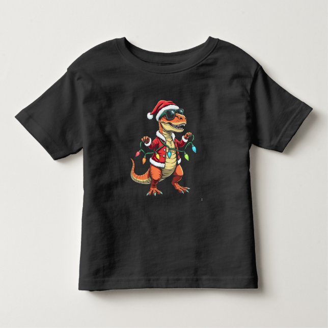 Camiseta Infantil Dinossauro Envolvido com Luzes de Natal Santa Hat (Frente)
