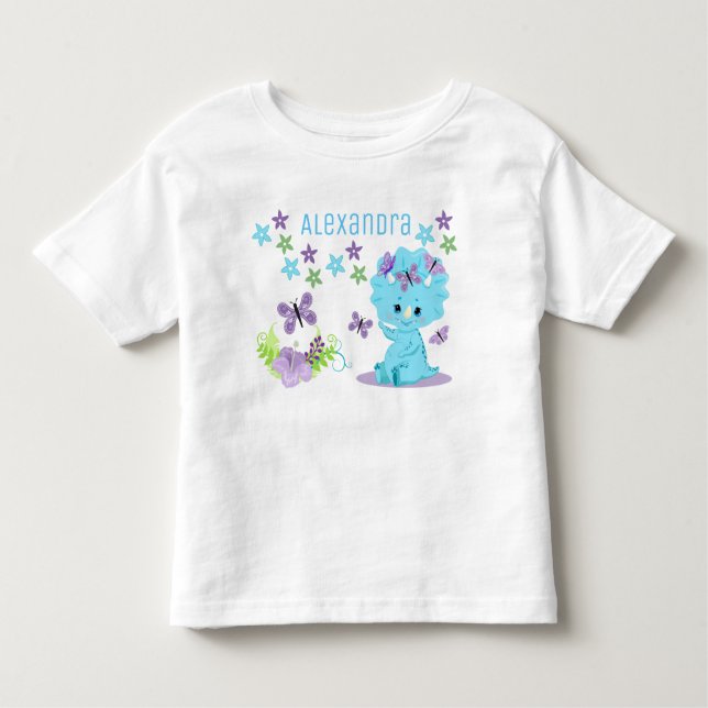Camiseta Infantil Dinossauro Floral Azul Personalizado (Frente)