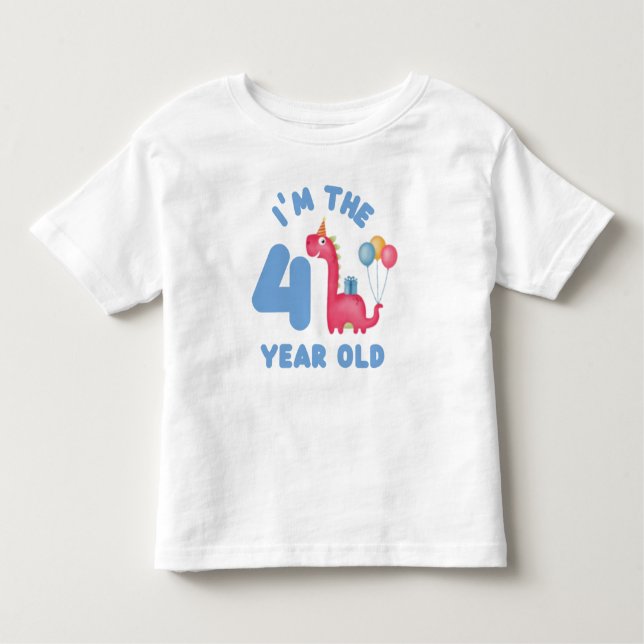 Camiseta Infantil Dinossauro Justo de Aniversário - Tenho 4 anos (Frente)