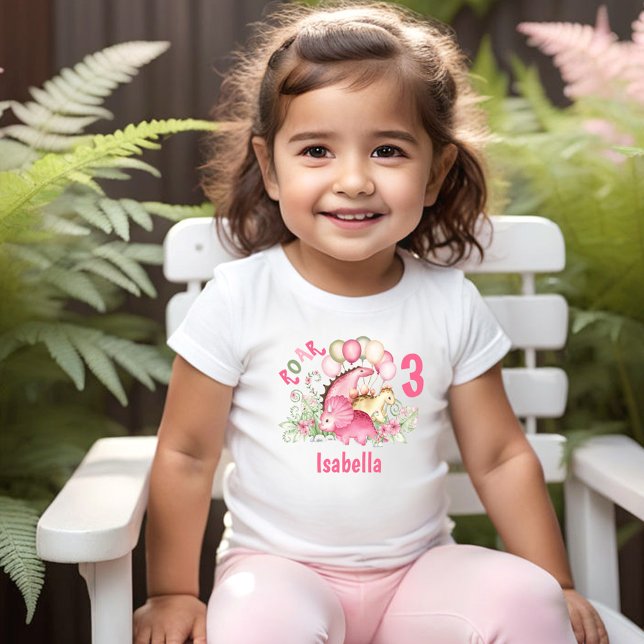 Camiseta Infantil Dinossauro Rapariga Rosa Pastel Nome Floral Aniver (Dinosaur Girl Pink Pastel Name Floral Birthday Toddler T-shirt)