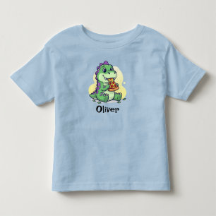 Camiseta Infantil  Dinossauro Verde Fofo Comendo Pizza Pizzasaurus R