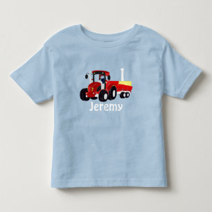 Camiseta Infantil Diversão Idade e Nome Trator Vermelho Birthday To