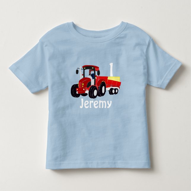 Camiseta Infantil Diversão Idade e Nome Trator Vermelho Birthday Tod (Frente)