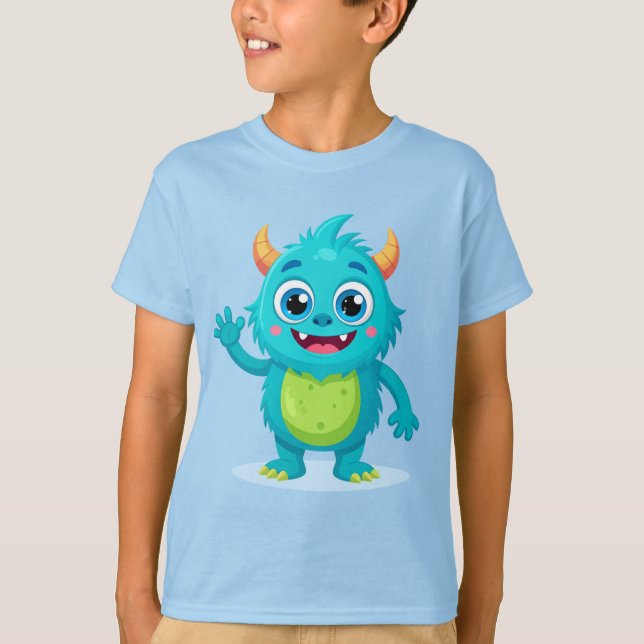 Camiseta Infantil do Monstro Azul Amigável - Desen (Frente)
