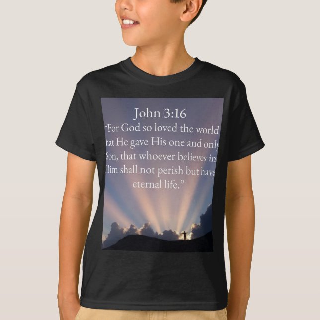Camiseta infantil do versículo da Bíblia João 3:16 (Frente)