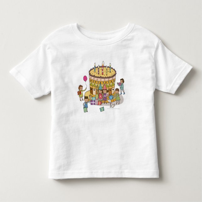 Camiseta Infantil Dois rapazes e três raparigas numa festa de aniver (Frente)