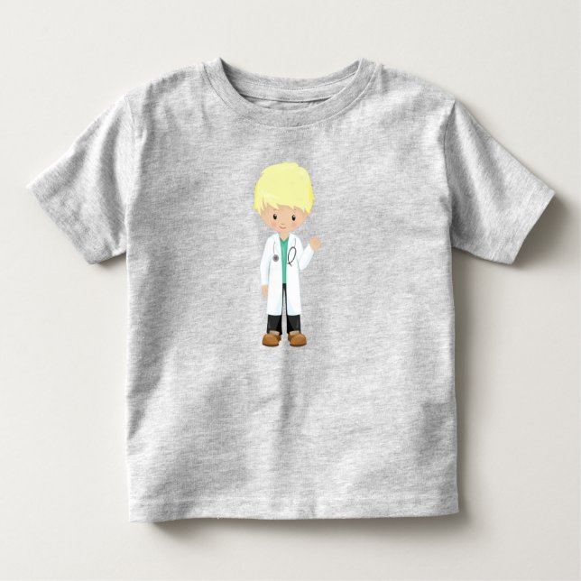 Camiseta Infantil Doutor, Jaleco, Medicina, Menino Fofo, Cabelo Loir (Frente)