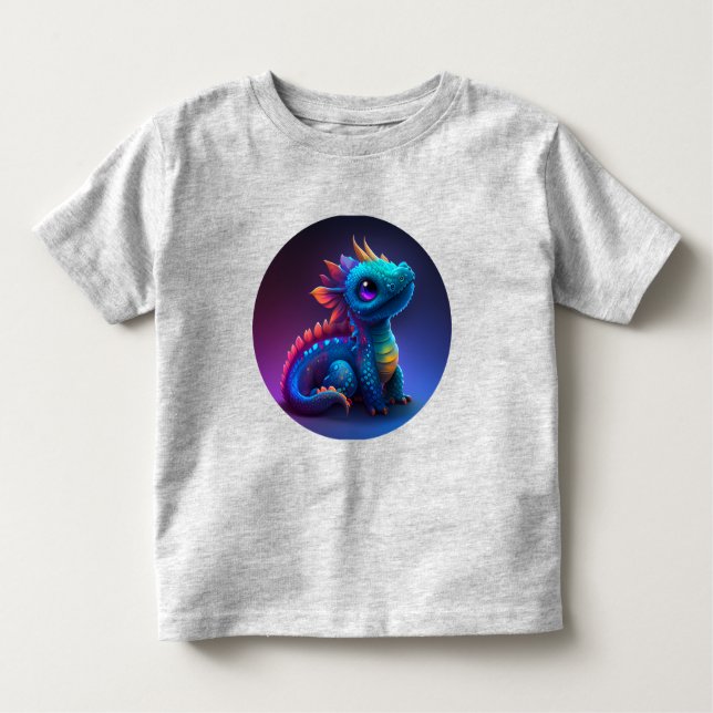 Camiseta Infantil Dragão-bebê bonito em azul-arco-íris (Frente)