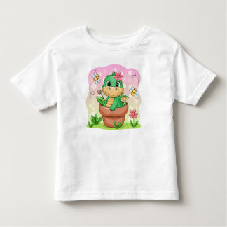 Camiseta Infantil Dragão verde de desenho animado bonito no pote de