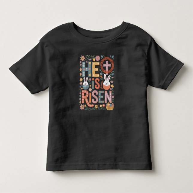 Camiseta Infantil Ele é Risen Jesus Floral Coelho da Páscoa Coelho d (Frente)