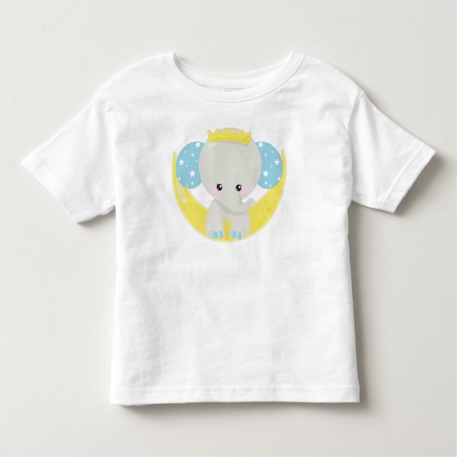Camiseta Infantil Elefante Bonito, Elefante Na Lua, Coroa, Estrelas (Frente)