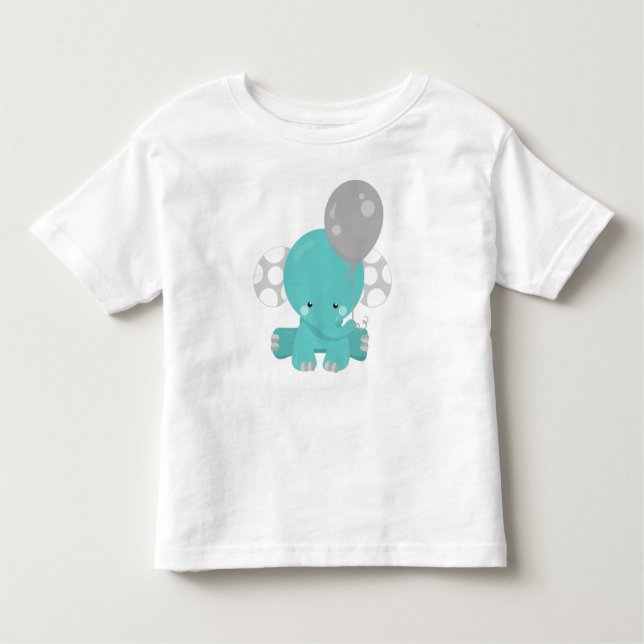 Camiseta Infantil Elefante Com Balão, Elefante Azul, Animal Bastante (Frente)