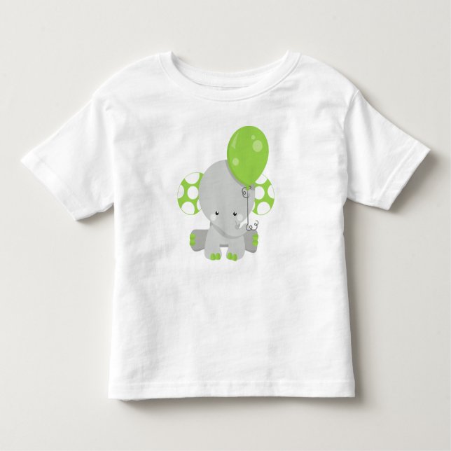 Camiseta Infantil Elefante Com Balão, Elefante Bonito - Cinza Verde (Frente)