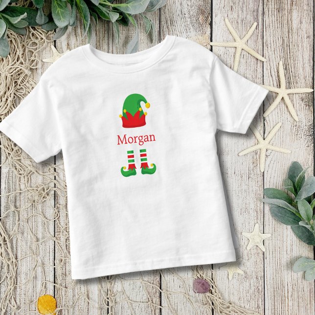 Camiseta Infantil Elfo de Natal Monograma Vermelho Verde Crianças (Christmas Holiday Elf Monogrammed T-shirt for Baby  or Toddler. )