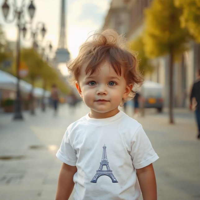 Camiseta Infantil "Embossa" Torre Eiffel francesa, azul de aço Paris (Criador carregado)