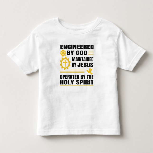 Camiseta Infantil Engineered by God, Maintained by Jesus,  (Frente)