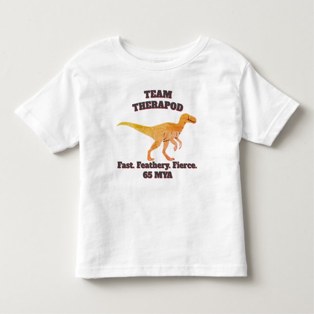 Camiseta Infantil Equipe Theropod - Rápido. Couro. Fúria (Frente)