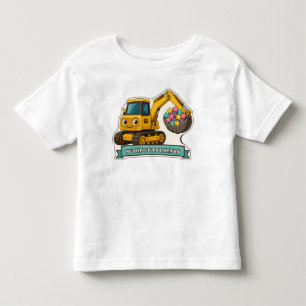 Camiseta Infantil Escavadeira Amarela Sorridente Levantando Estrelas