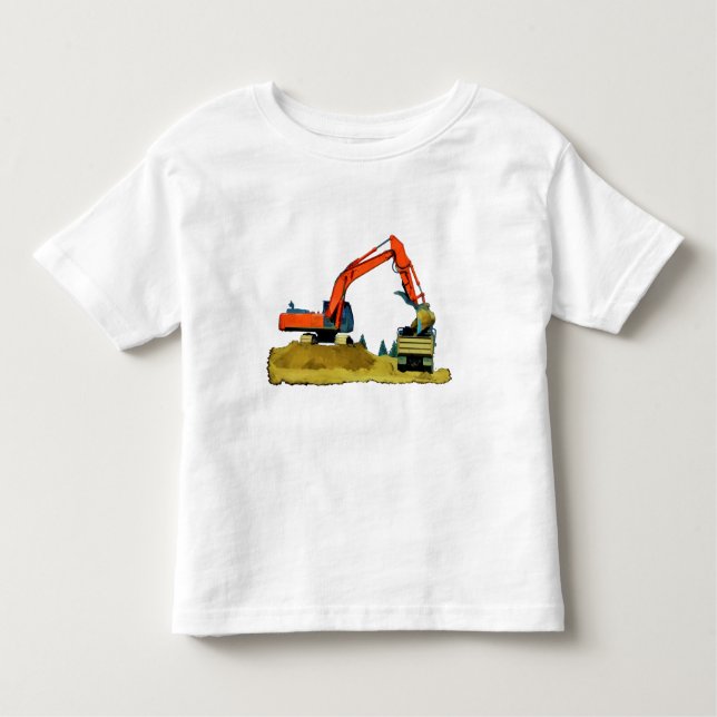 Camiseta Infantil Escavador Laranja e Caminhão Amarelo (Frente)