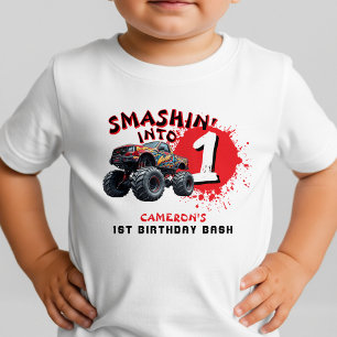 Camiseta Infantil Esmagamento de Caminhão Monstro 1º Aniversário