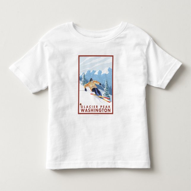 Camiseta Infantil Esquiador da neve de Downhhill - pico da geleira, (Frente)