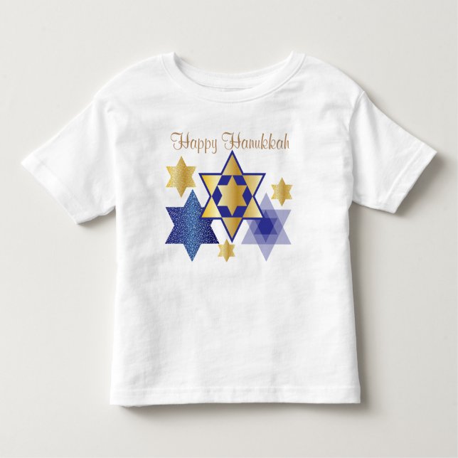 Camiseta Infantil Estrelas Douradas e Azuis de David Happy Hanukkah (Frente)