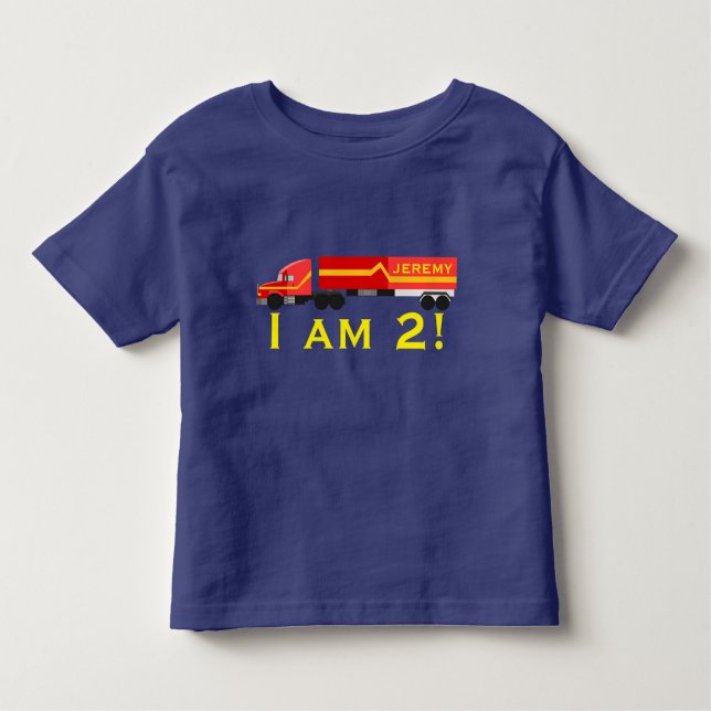 Camiseta Infantil "Eu sou 2!"  & nome com do vermelho o caminhão (Frente)