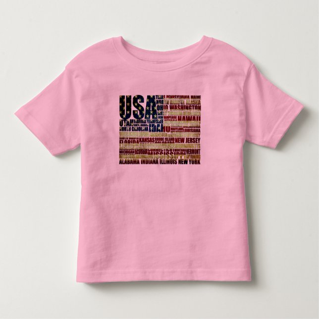 Camiseta Infantil EUA e seus estados federais em estrelas e faixas (Frente)