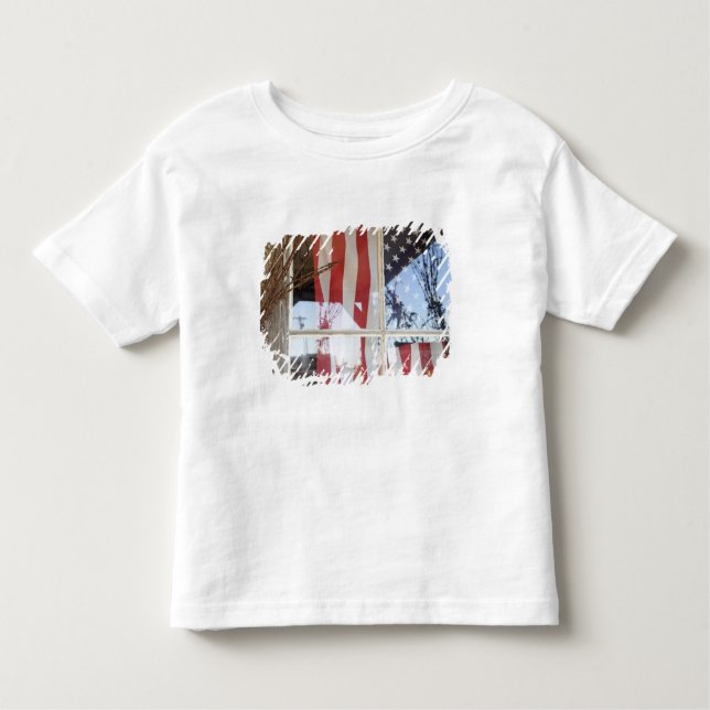 Camiseta Infantil EUA, Oregon, Shaniko. Bandeira na janela ao lado (Frente)