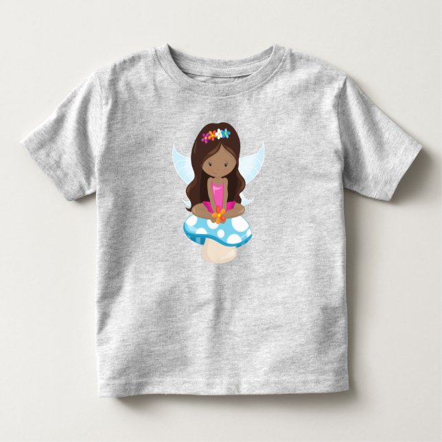Camiseta Infantil Fada Afro-Americana, Fada Florestal, Cogumelo (Frente)