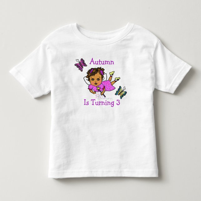 Camiseta Infantil Fada de Aniversário e Borboletas Idade e Nome (Frente)