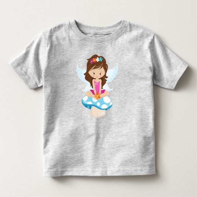 Camiseta Infantil Fada Fácil, Fada Mágica, Cabelo Marrom, Cogumelo (Frente)