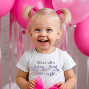 Camiseta Infantil Fada Roxa Primeira Baga Primeiro Aniversário