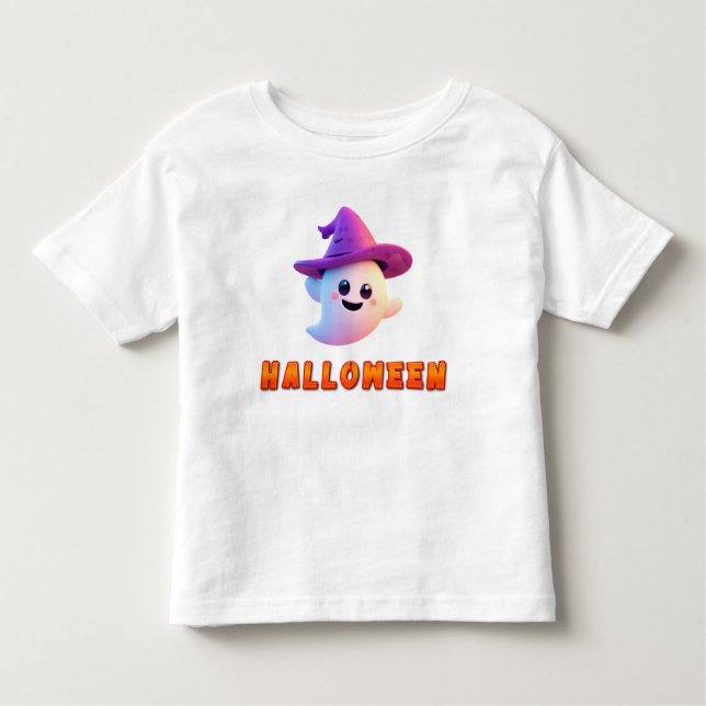 Camiseta Infantil Fantasma Bonito Vestindo Chapéu de Bruxa Roxo (Frente)