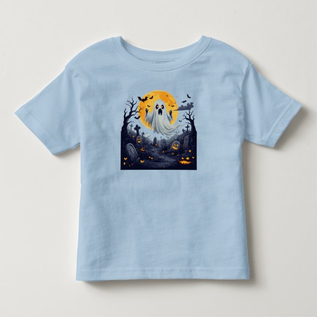 Camiseta Infantil Fantasma em um Cemitério Assombrado com Lua Cheia (Frente)