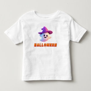 Camiseta Infantil Fantasma Fofo Vestindo Chapéu de Bruxa Roxo