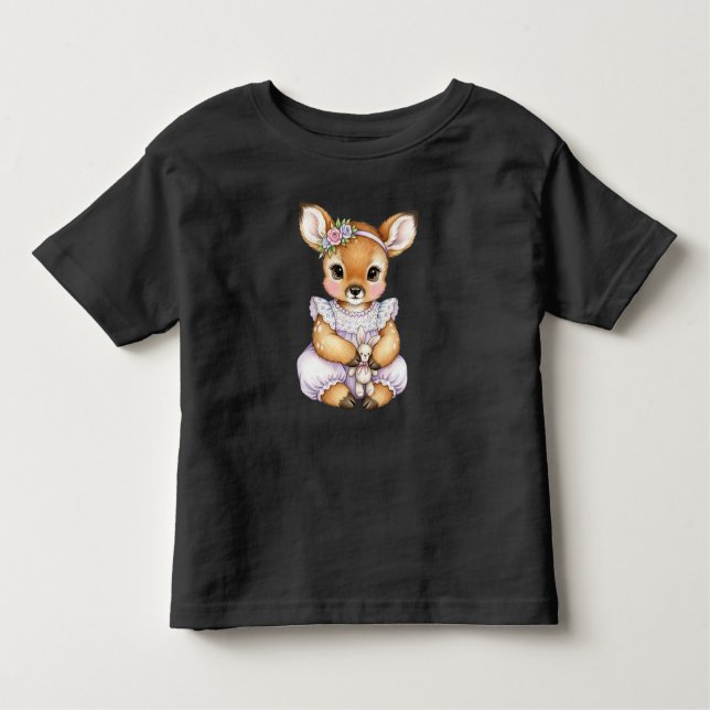 Camiseta Infantil Fawn com um coelhinho de pelúcia por Natasha Us (Frente)